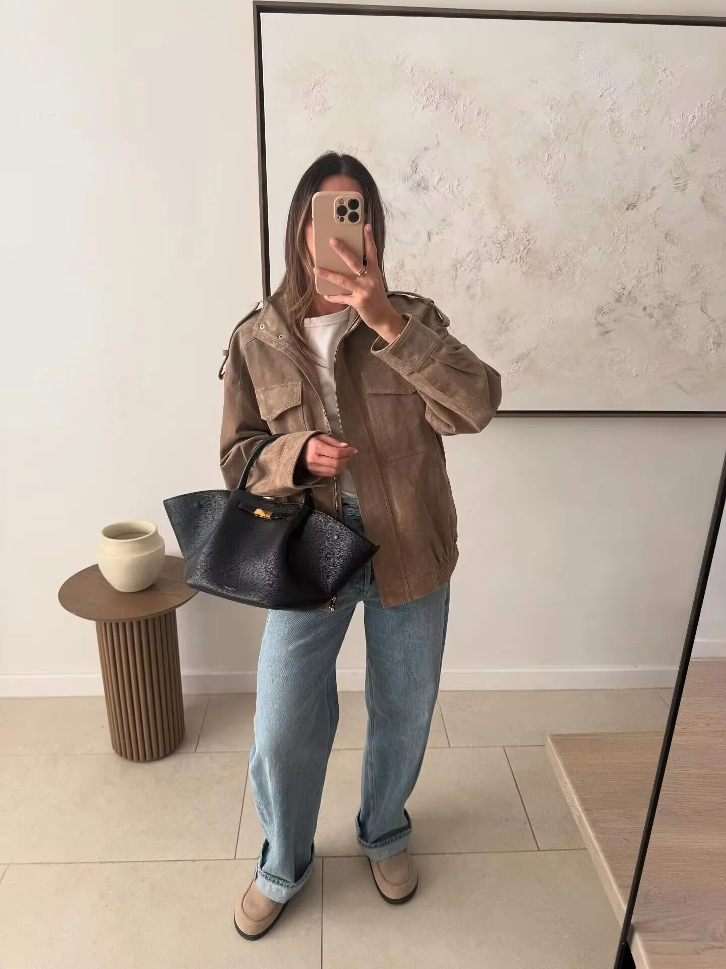 Women Stand Collar Suede Jacket Fashion Chic Zipper Pocket Loose Outerwear Tops Lady Autumn New Casual Highstreet Cargo Coats