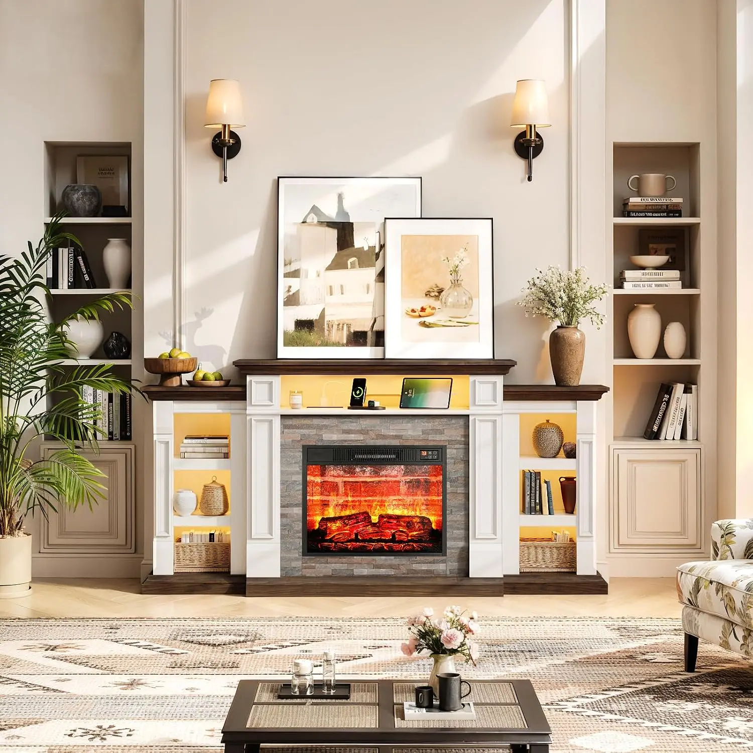 72'' Fireplace TV Stand with Outlet & LED, Mantel Entertainment Center for 80'' TV, 23'' Heater Insert 3D FlCustomized