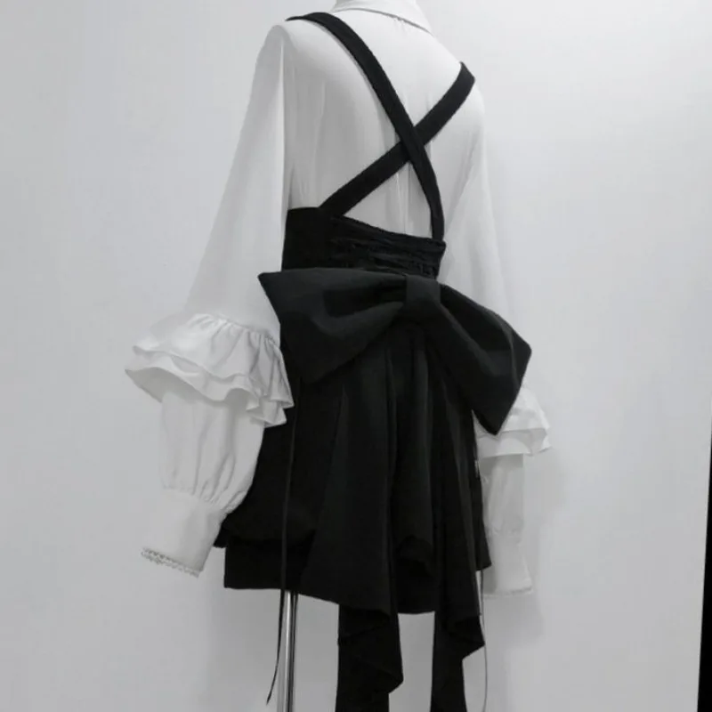 Prince Lolita Dress Vintage Elegance Gothic Y2k Suit Women White Bow Shirts Trailing Black Strap Mini Pants Set Party Outfit view 6