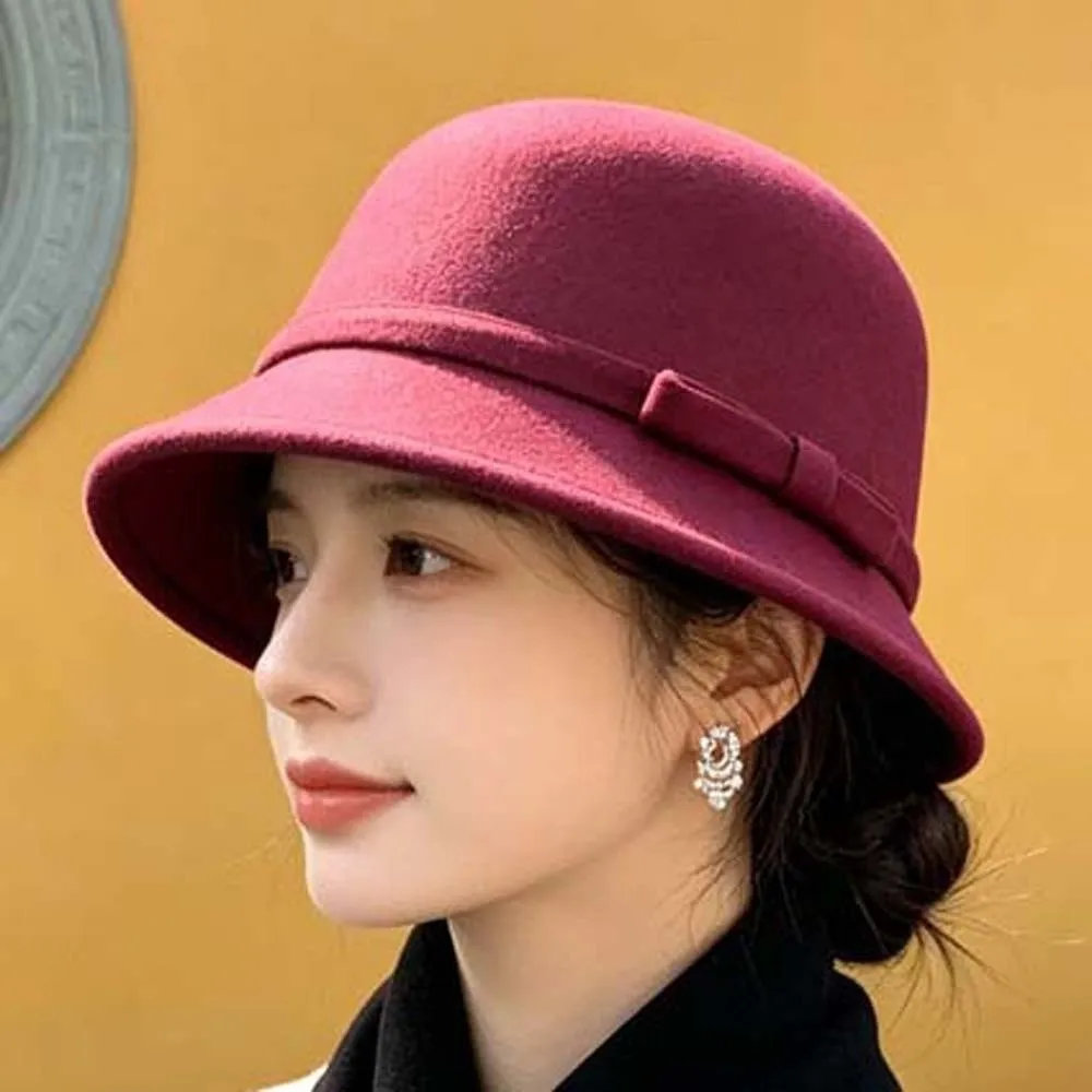 Korean Style Winter Woolen Hat Soft Felt Warm Fleece Elegant Bucket Hat Solid Color Chic Design Vintage Fedora Cap