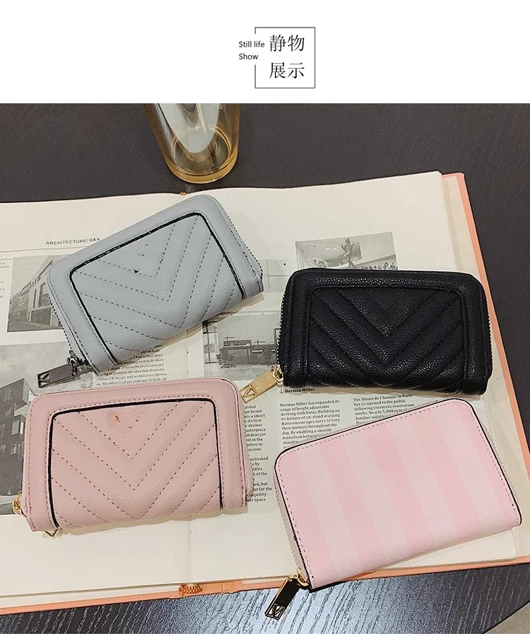 Small Wallet V Quilt Full Zip Card Pink Strip