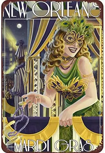 1p,Vintage Tin Poster New Orleans, Louisiana - Mardi Gras Metal Tin Sign  Inch Retro Home Bar Restaurant Garage Garden Wall Deco