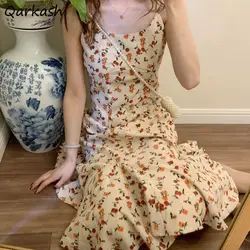 Vestidos de trompeta de pana para mujer primavera otoño Spaghetti Strap Floral A-line elegante Patchwork plisado Midi elegante todo-fósforo nuevo