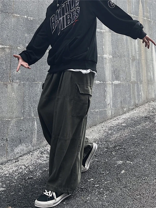 Pantalon Cargo décontracté à jambes larges pour hommes, vêtements de travail en tissu Polyester doux, coupe ample pour les saisons de printemps et d'automne