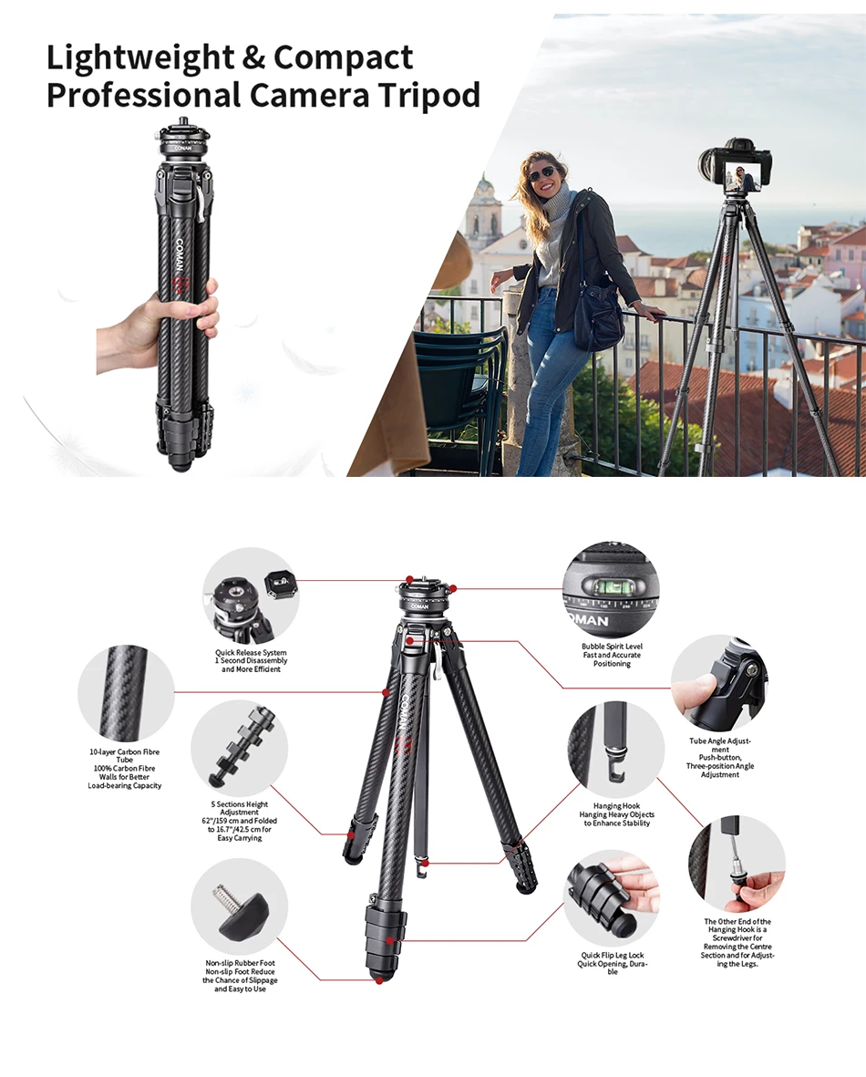 COMAN Zero F38 Carbonfaser-Stativ Leichtes Kugelkopf-Stativ für DSLR-Kameras mit Schnellwechselplatte für Smartphone iPhone – Detail 6