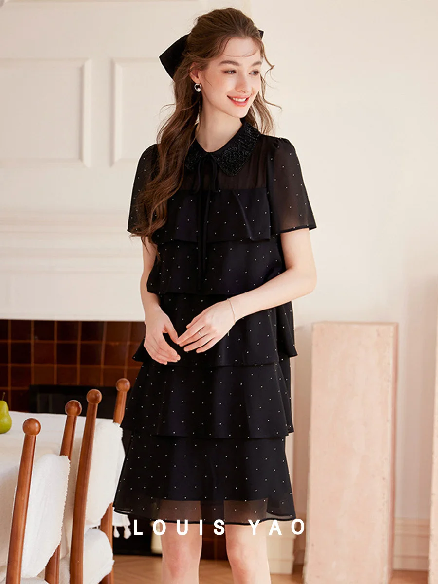 

LOUIS YAO 2025 Summer Sweet Beauty Wave Dot Cake Skirt Beaded Collar Tie Skirt Long Style Temperament Women's Dress