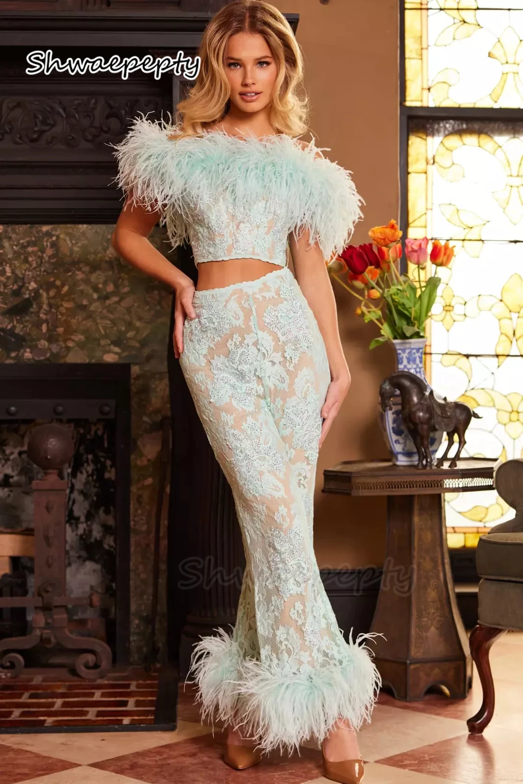 

Lace Prom Pants Suits Special Occasion Gown Feathers Two Pieces Birthday Party Wear Customized