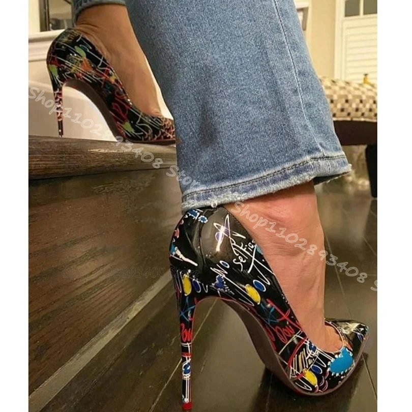 

Graffiti Pointed Toe Stiletto Pumps Shallow High Heels Women Shoes Spring Party Comfortable Casual Pumps Zapatos Para Mujere