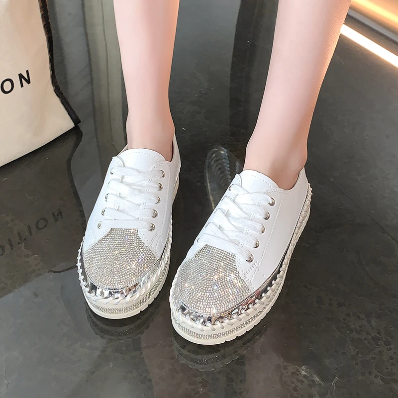 Women's large size flat single shoes autumn new round head deep mouth rhinestones lace-up seam thick soled loafers