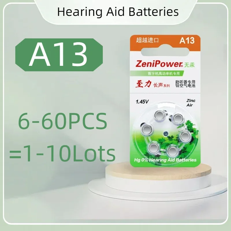 6-60PC Batería para audífonos A13 13A 13 P13 PR48 Zenipower Zinc Air Baterías