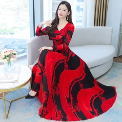 Vintage Women 2023 Dress Chiffon Floral Party Vestido Maxi Boho Autumn Sukienka Ropa Mujer Robe Longue Femme Chic Vestidos