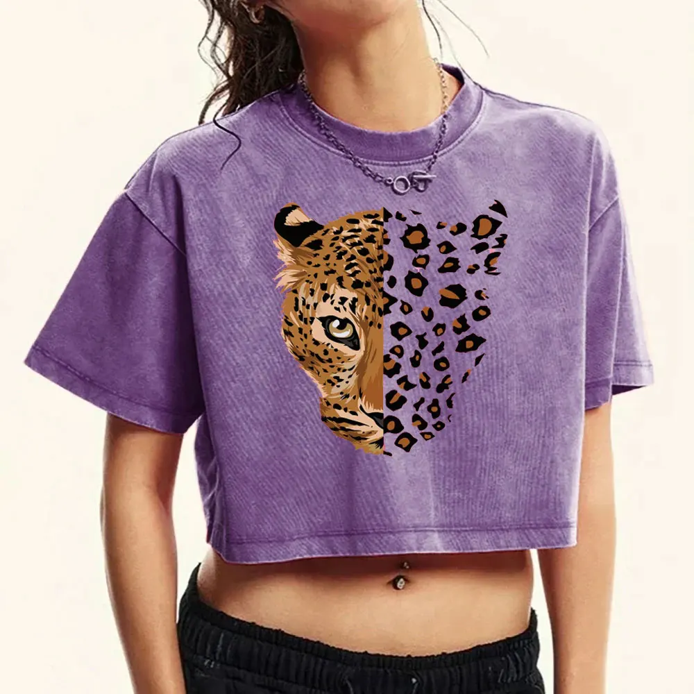 Washed Cotton T-shirt Women's Leopard Tiger Cartoon Print Short Sleeve T Shirt Graphic Tee Round Neck Casual Vintage Top