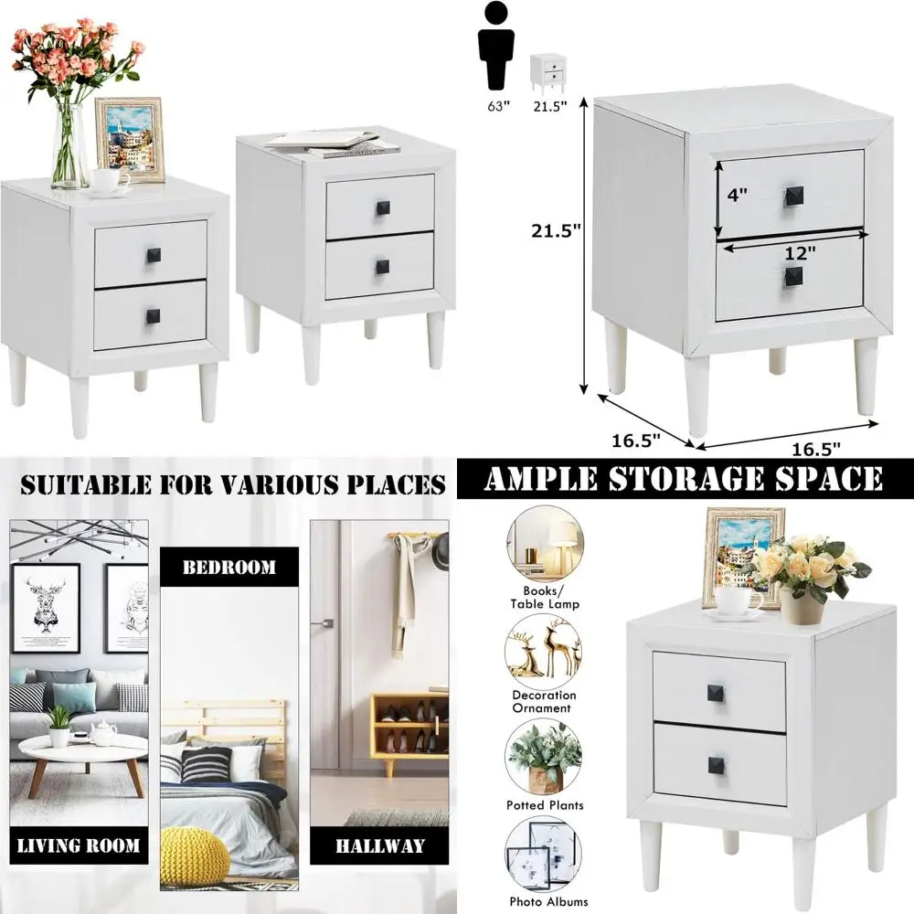 

White Nightstand Set of 2, Fully-Assembled 2-Drawer Bedside Tables with Solid Wood Legs for Modern Bedroom