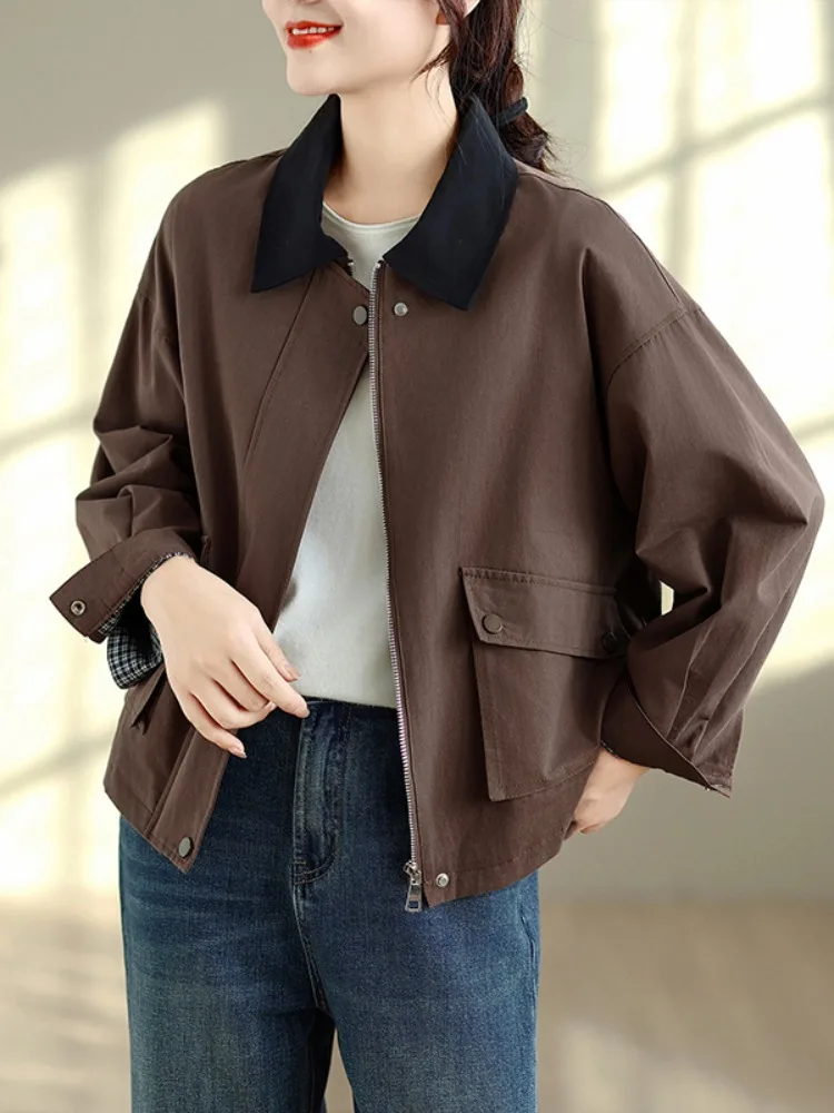 Retro Workwear Style Short Casual Women's Jacket Spring Korean Version Loose Fit Coat with Pockets Long Sleeve Zipper Closure