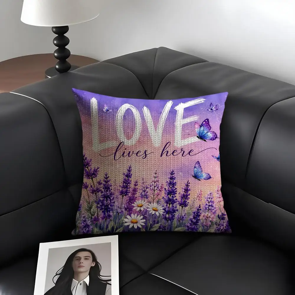 Sweet Home Floral Script Cushion Cover Natural Linen Organic Fabric Double-Sided Printing Breathable Perfect Gift For Decor
