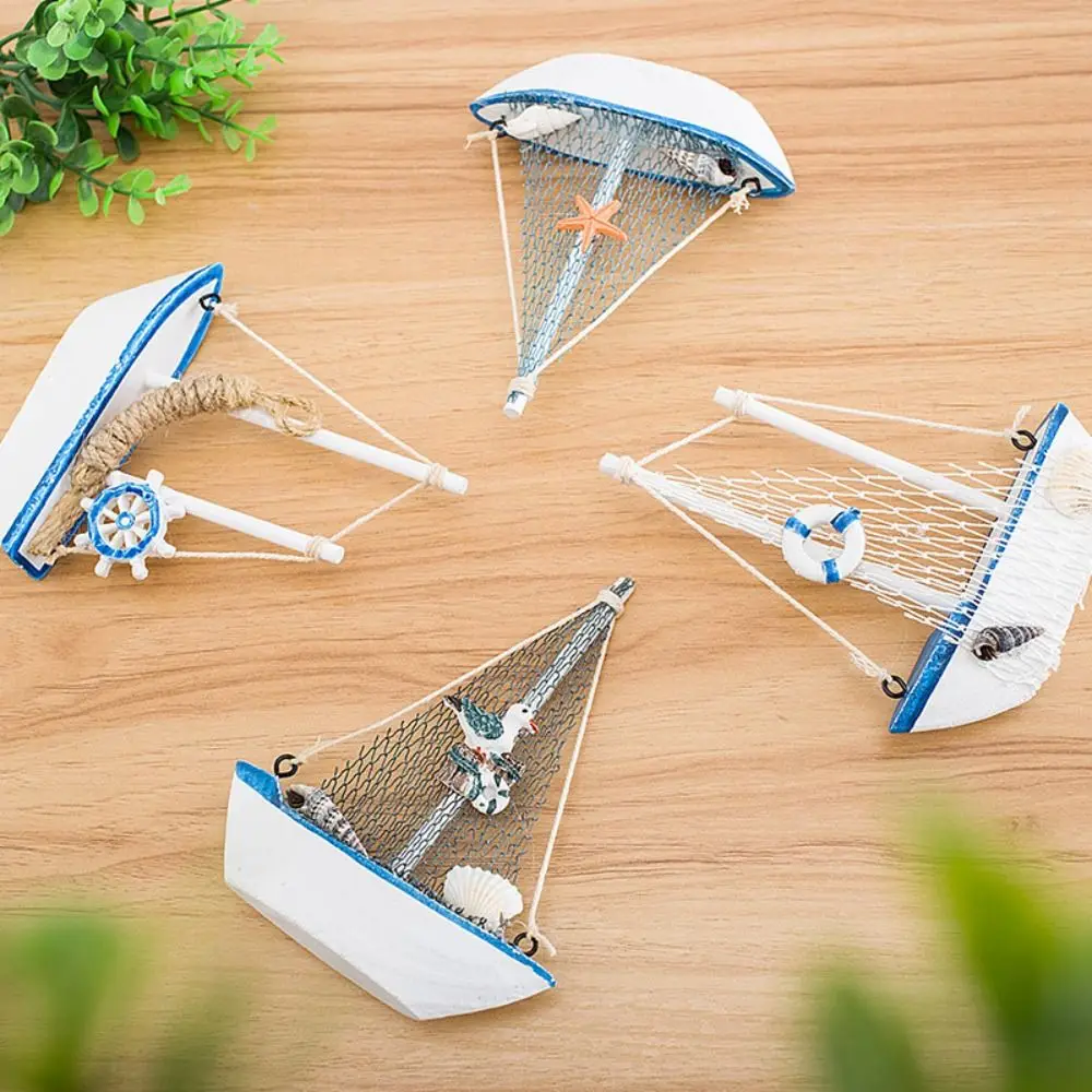 Mediterranean Style Sailing Boat Model Handmade Wooden Wooden Ship Ornament Miniature Size Fishing Net Accent Nautical Decor