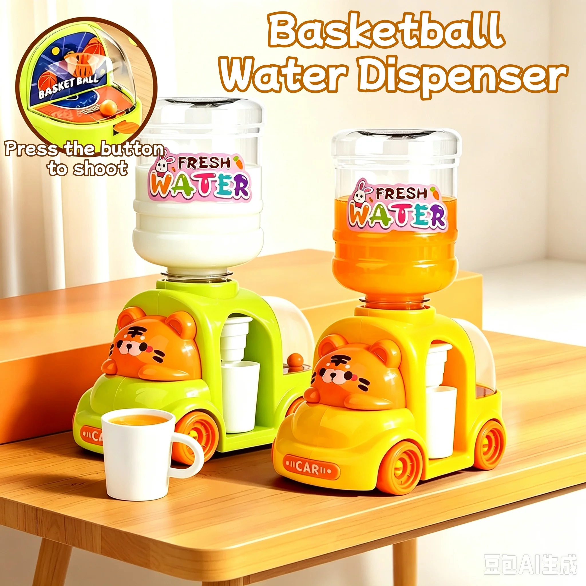 Mini Cartoon Drinking Water Dispenser with Basketball Shooting Machine Simulation Toys Hand Press Water Pumps