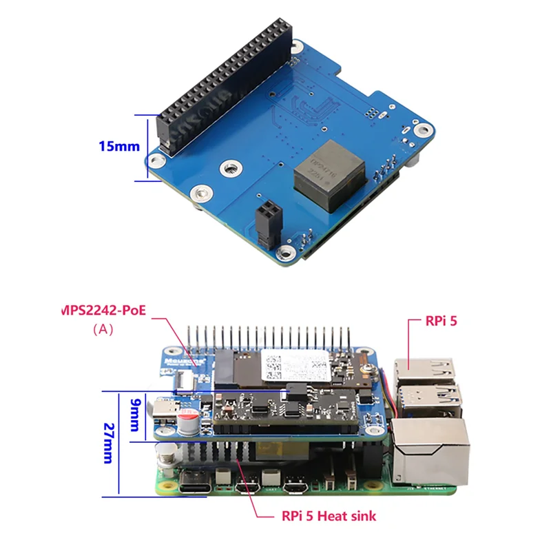 

Advanced MPS2242-POE A For Raspberry Pi 5 PCIE To NVME SSD 2242 HAT With POE Power 5V 4.5A Support 2242/2230