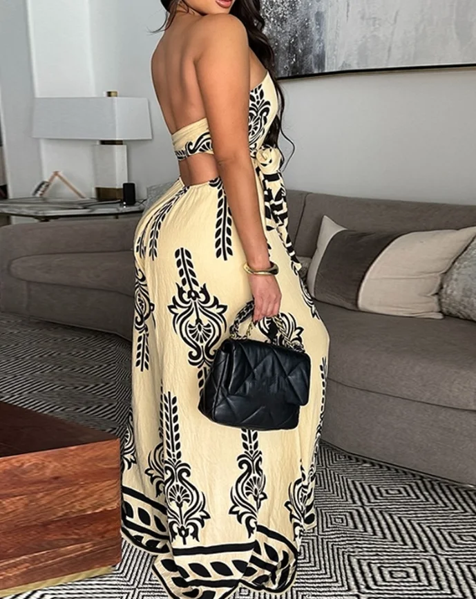 Women's Casual Tribal Print Bandeau Backless Wide Leg Jumpsuit Summer New Fashion Women Vacation Tied Detail Overall with Pocket