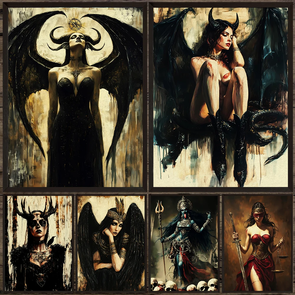 الله المصري القديم والهندي أربعة أيدي آلهة خمر الرسم على لوحات القماش الجدارية ، ليليث ، آلهة نيكس كالي ملصق فني وطباعة