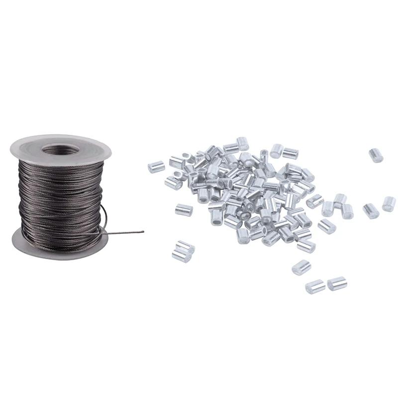 100 Pcs 1Mm Steel Wire Rope Aluminum Ferrules Sleeves Silver Tone & 1X Hoisting Lifting 7X7 1Mm Dia Stainless Steel Flexible Wir