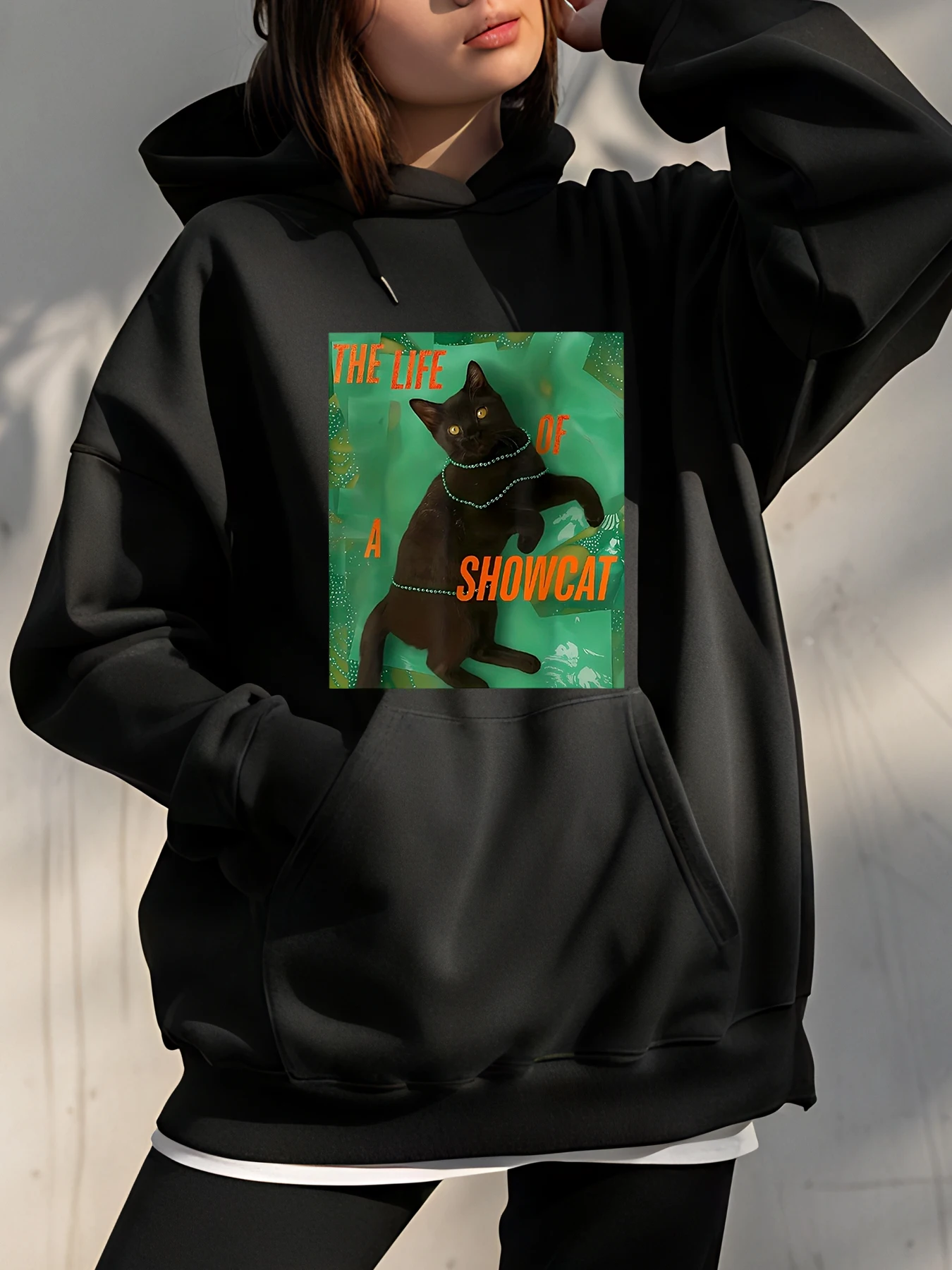 

Толстовка с милым кошачьим принтом, женская модная повседневная толстовка с карманом для повседневной носки и уличного стиля