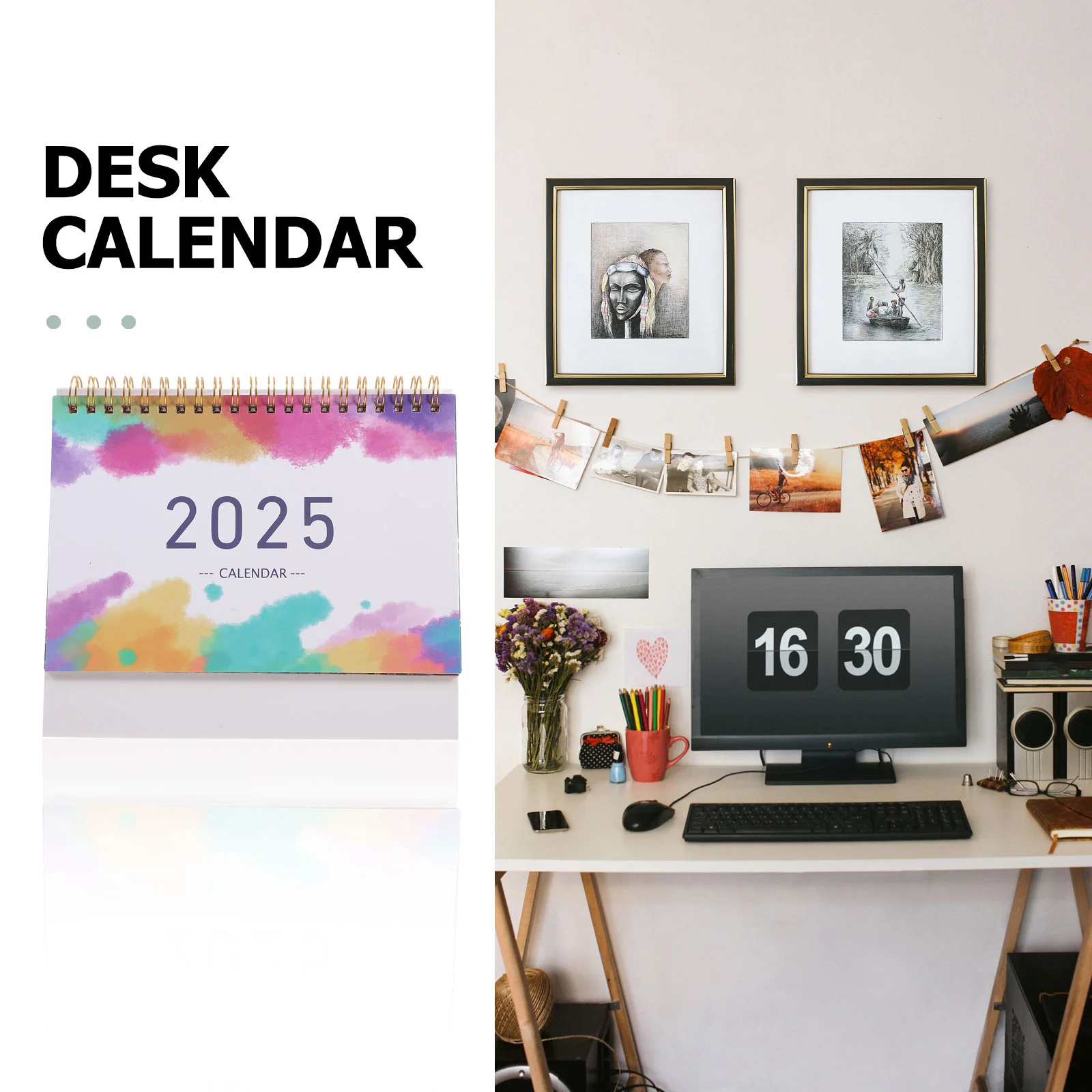 เปิดหน้า 2025 ปฏิทิน Office Makeup Advent กระดาษรายเดือน Aesthetic Retro Table