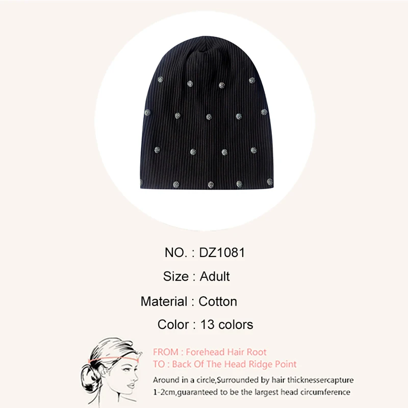 Geebro New Soft Rhinestone Sequins Women Ribbed Cotton Beanie hat Spring Autumn Casual Knit hat for Ladies Baggy Stretch Hats