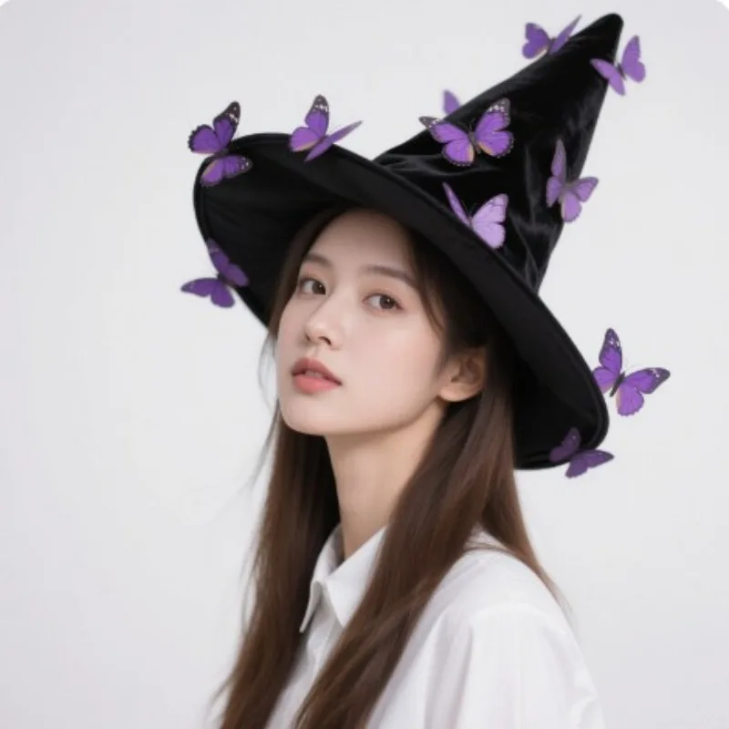 

Woman Halloween Witch Hat with Big Pleats Butterfly Design Black Velvet Costume Accessory for Women Cosplay Anime Costume