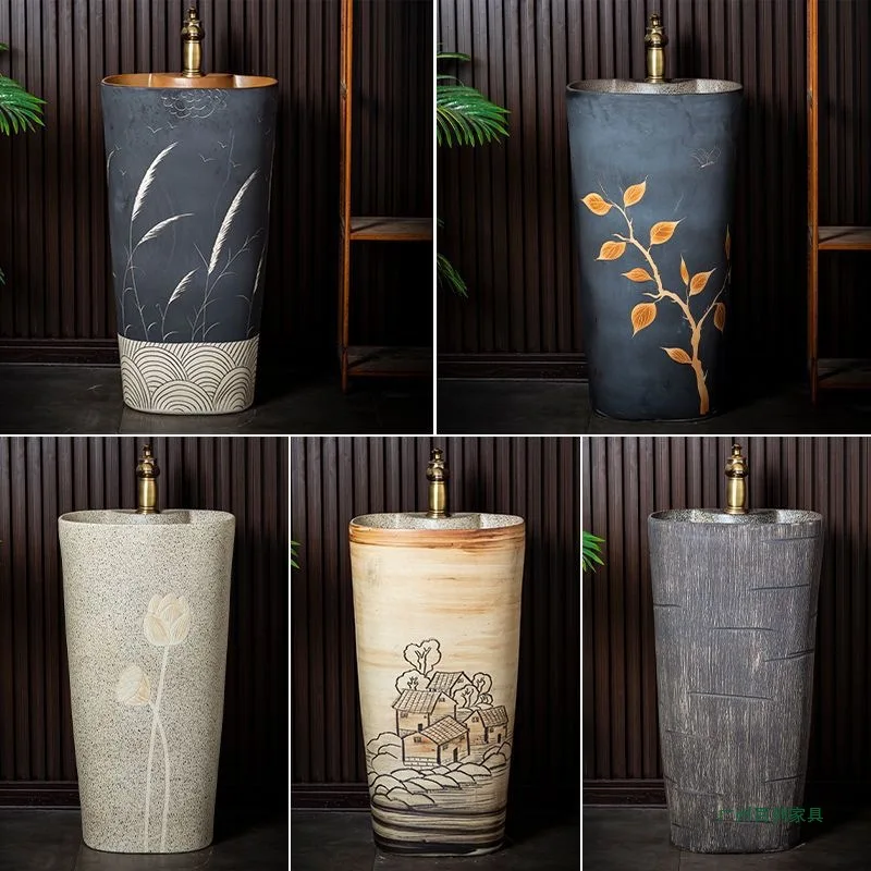 Chinese retro ceramic vertical washbasin outdoor balcony column basin integrated floor-to-ceiling washbasin Customizable