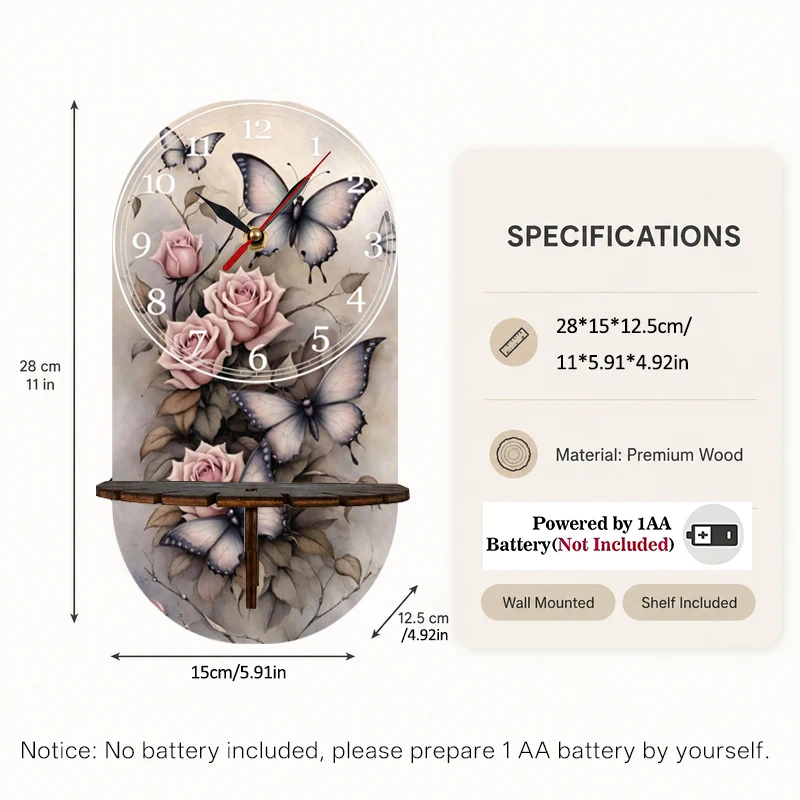 Autumn Butterfly Rose Serenity Timepiece Wooden Wall Clock, Soft Pink Purple Blooms and Fluttering Butterflies Weave a Poetic Sc