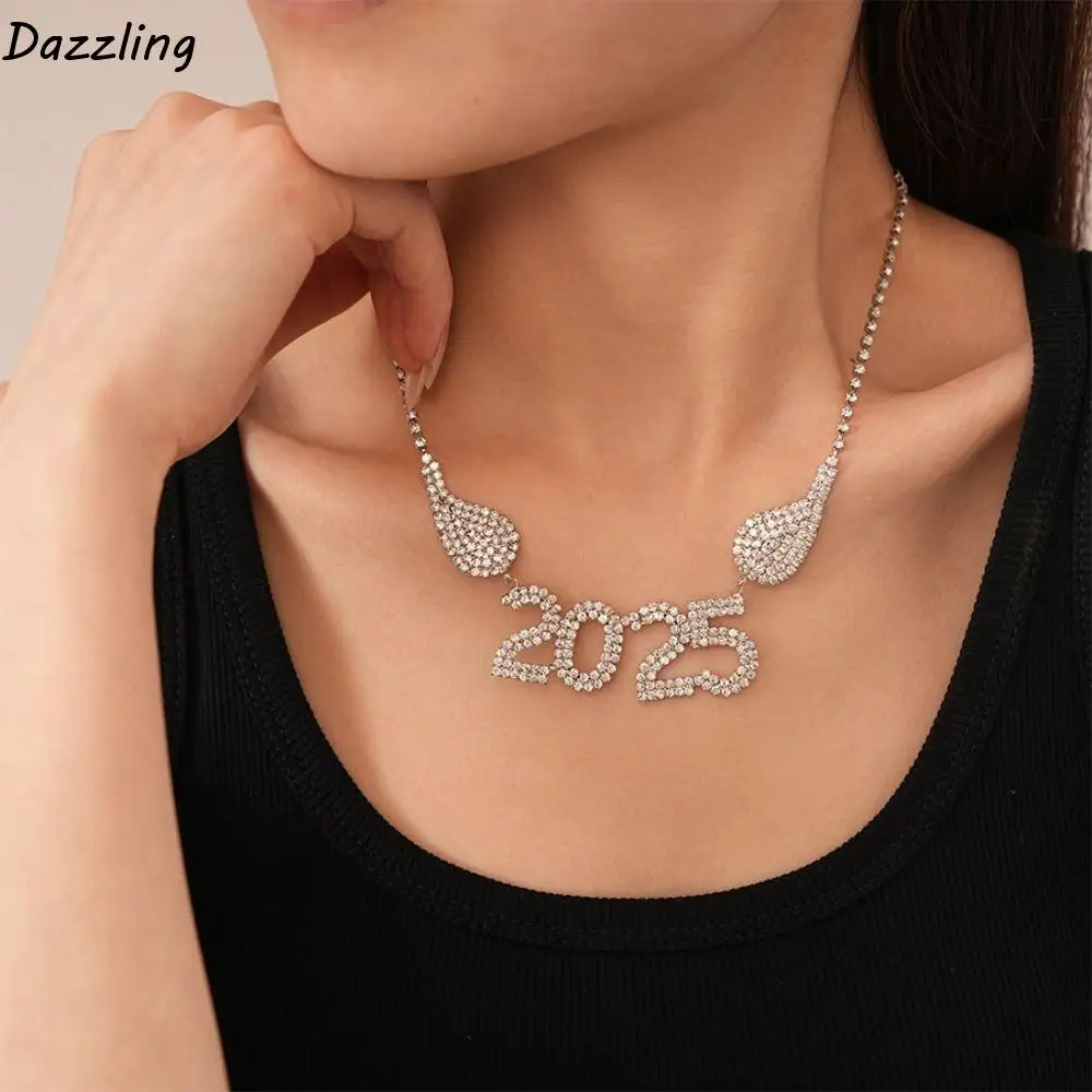 

Trendy Aesthetic Happy New Year Earrings Jewelry Rhinestone 2025 New Year Ear Stud Shiny Long Crystal Party Necklace Christmas