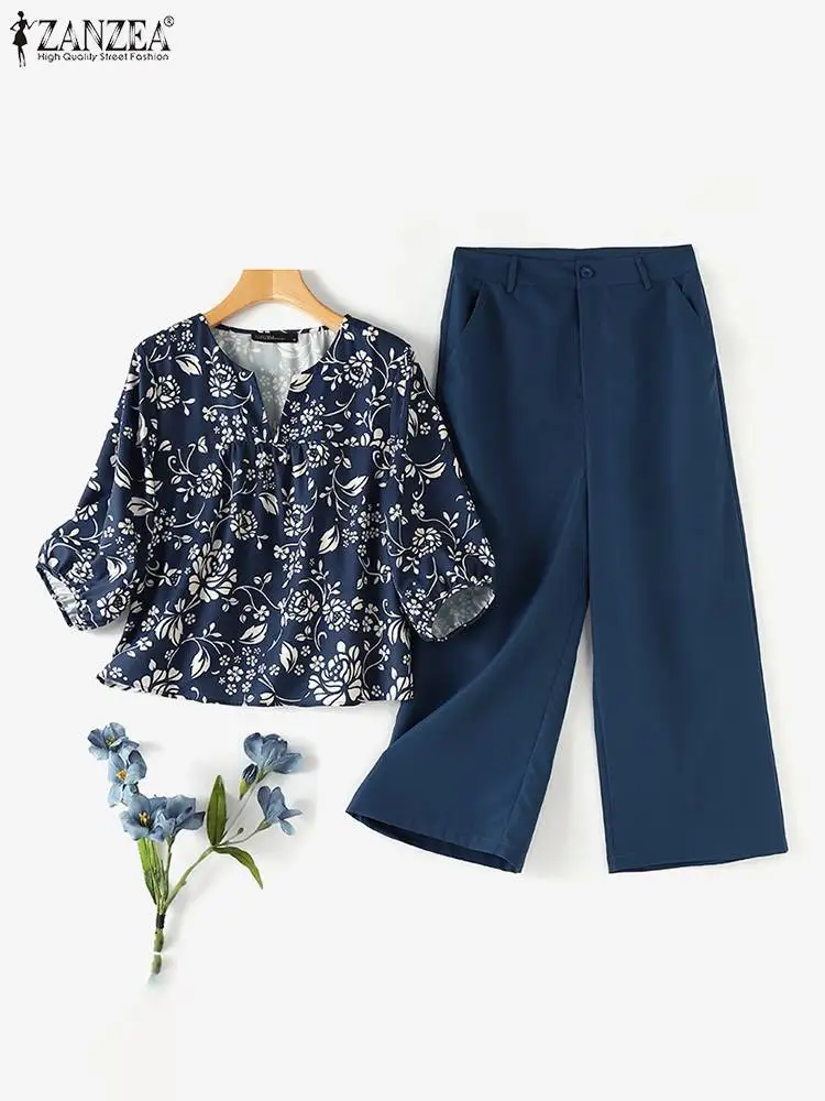 ZANZEA Vacation Casual Pant Sets Women Elegant Floral Print Puff Sleeve Tops Solid Wide Leg Trousers 2pcs Outfits Summer Suits