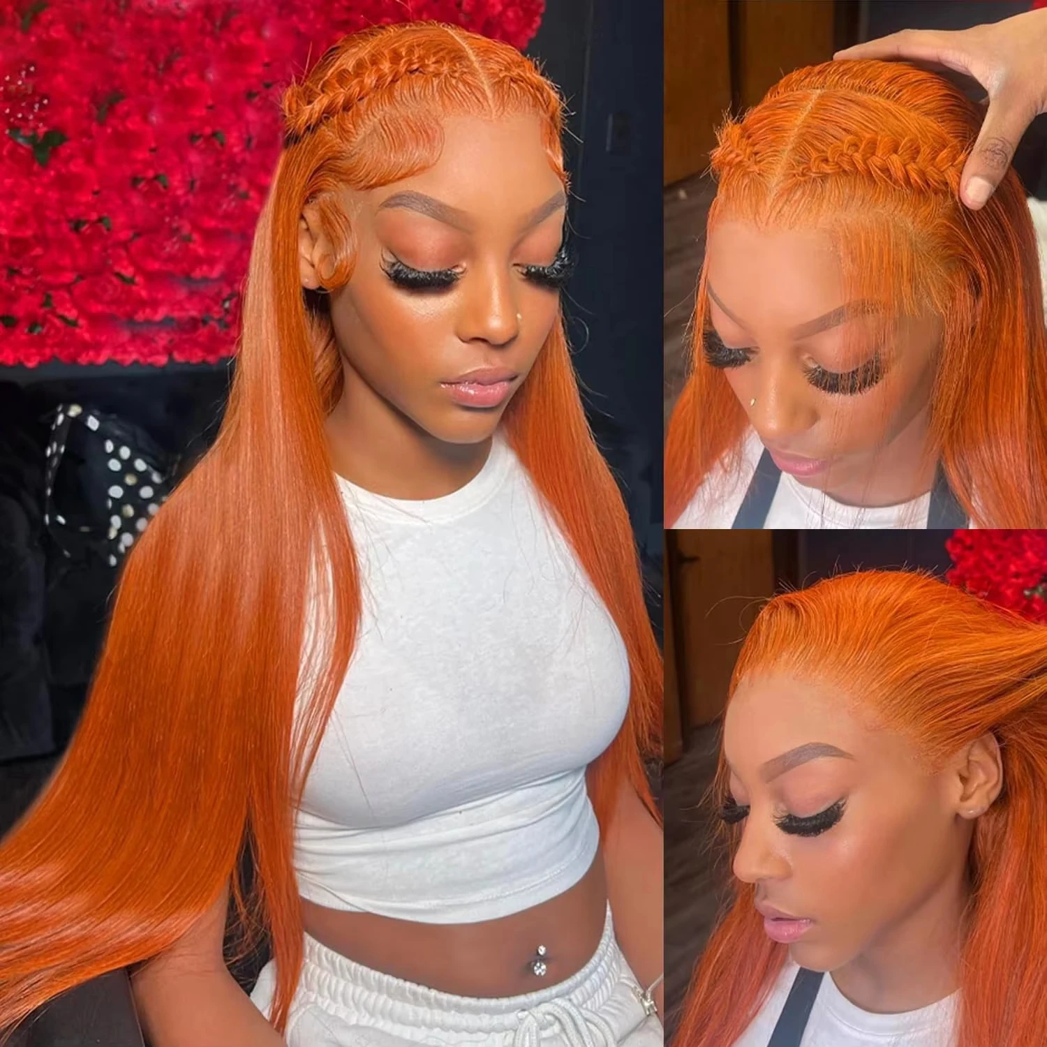

Straight Ginger Hd Lace Wig 32 Inch 13x6 Human Hair 350 Orange Colored Brazilian 13x4 HD Transparent Lace Frontal Wigs For Women