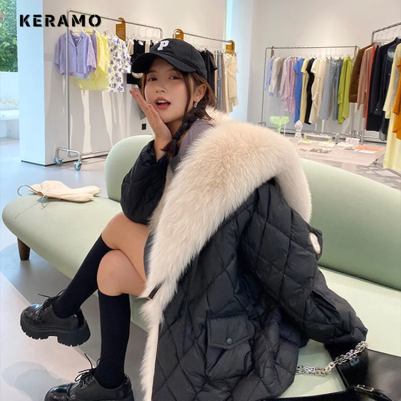 Winter Women Big Luxury Faux Fox Fur Collar Coat 2023 Fluffy Loose Puffer Jacket Feather Female Parka Snow Outwear Windproof