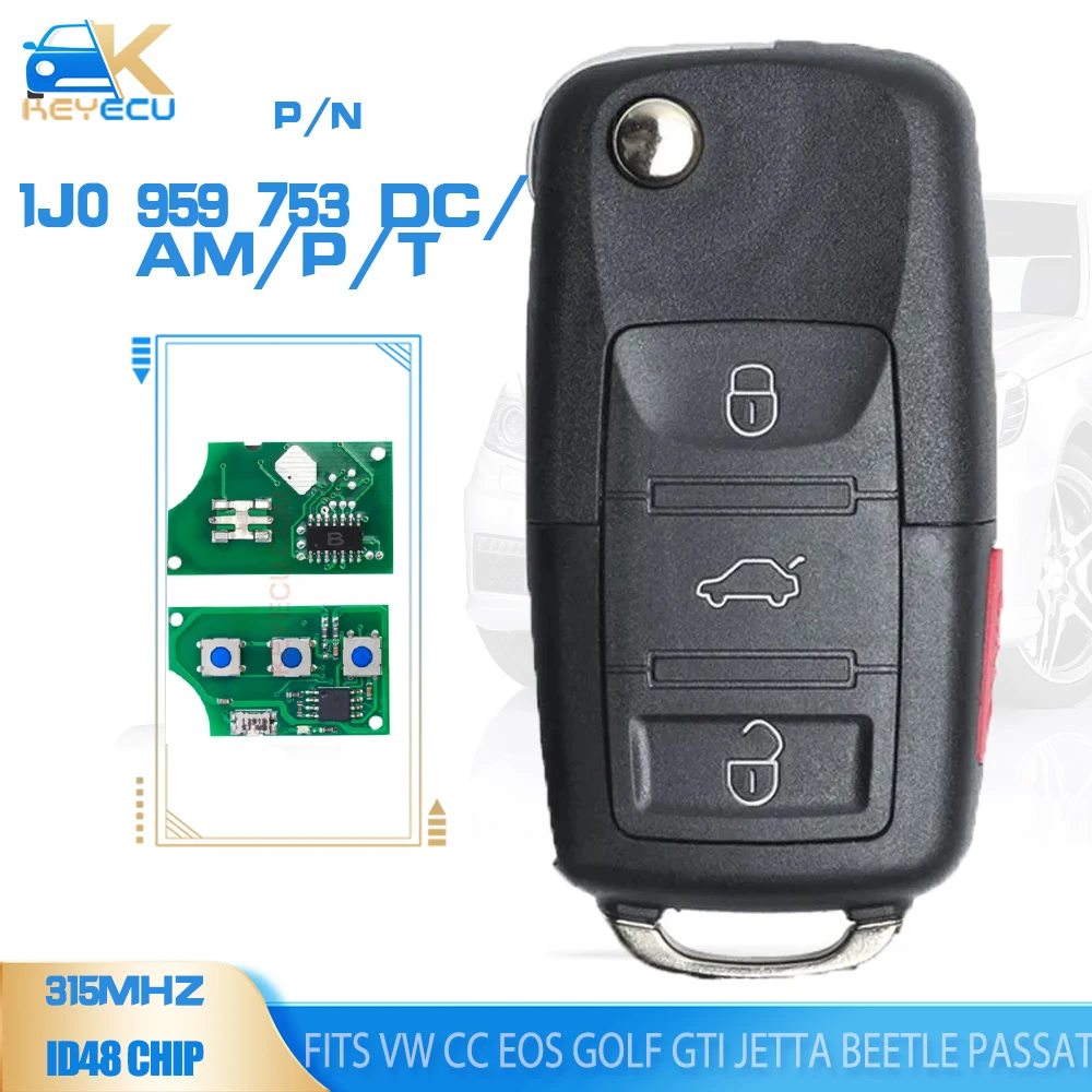 

KEYECU 1J0 959 753 DC,1J0 959 753 AM, 1K0 959 753 P/H , 1J0 959 753 T Flip Remote Key 433MHz ID48 for Volkswagen Jetta Beetle CC