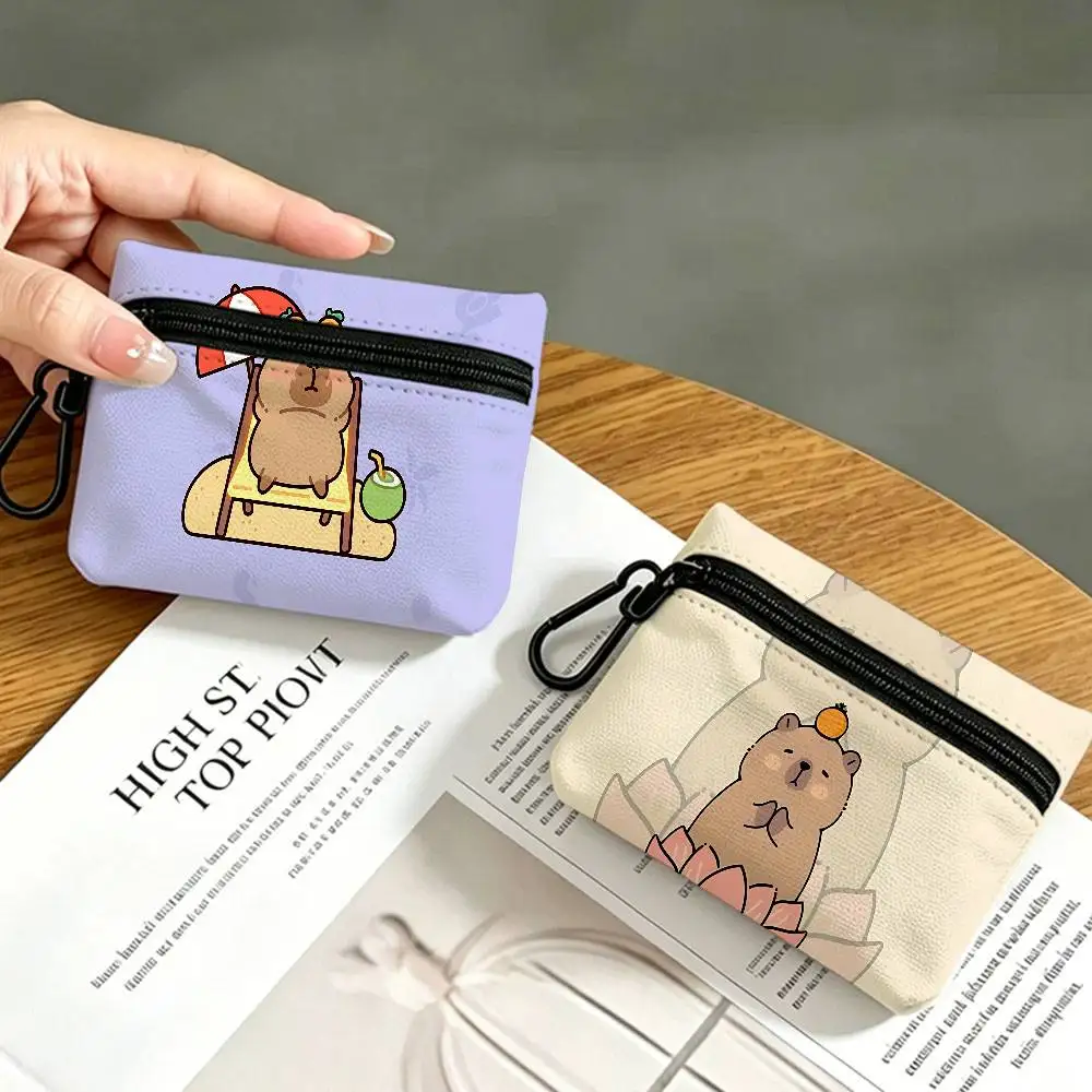 Cute Capybara Printed Mini Hanging Oxford Cloth Coin Bag Durable Zipper Key Card Pouch With Carabiner