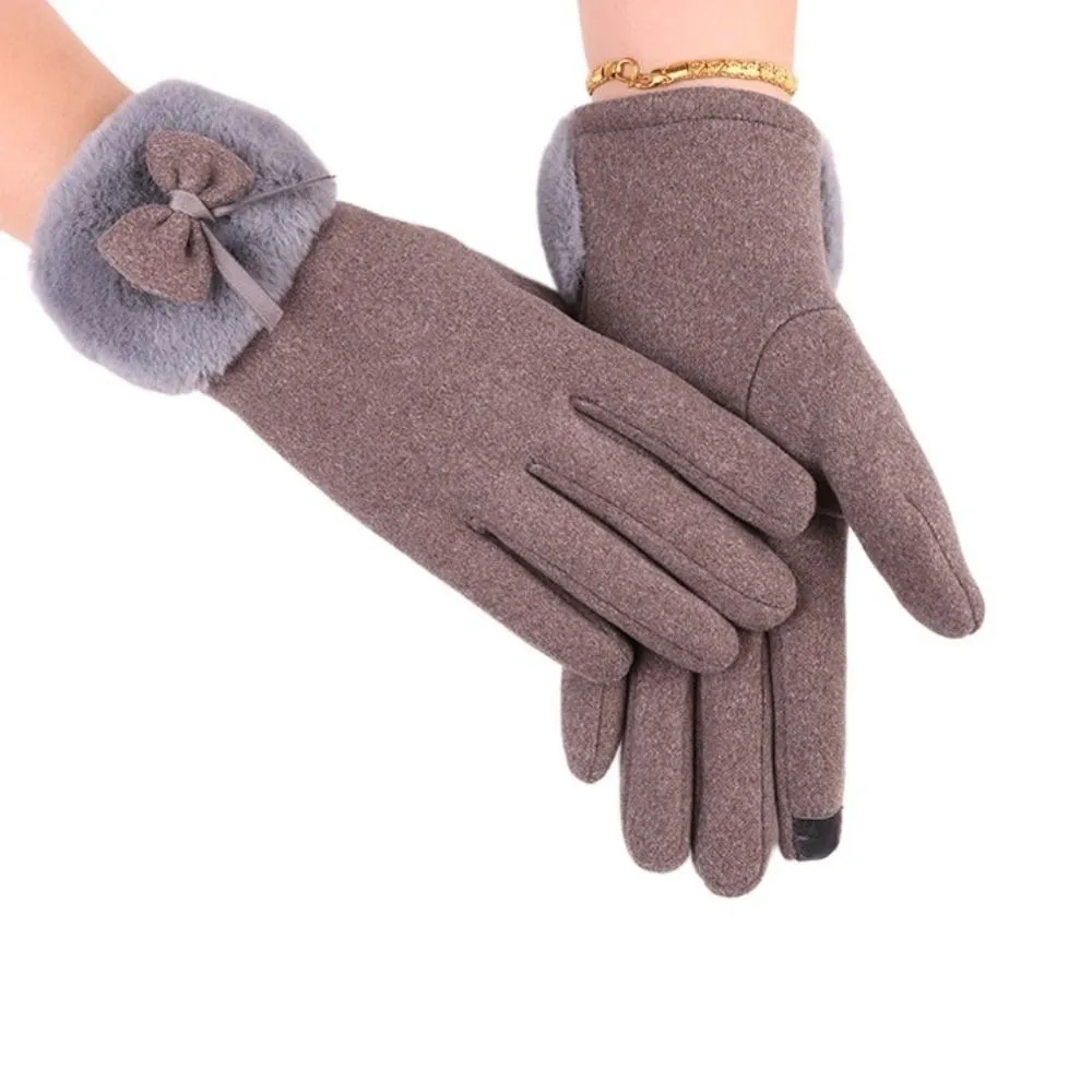 

All-Match Women Anti-cold Gloves Soft Touch Screen Thickened Suede Gloves Solid Color Bow Windproof Finger Mittens Winter