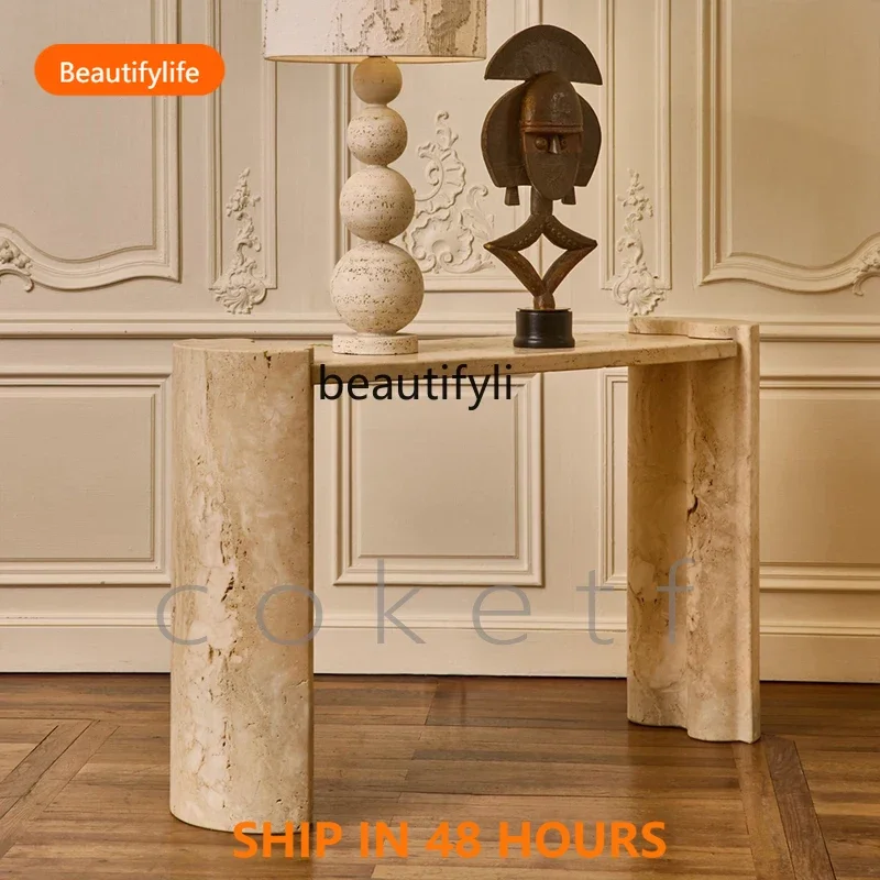 03 ss French minimalist designer high-end natural Roman travertine entryway wabi sandy wind villa living room wall table