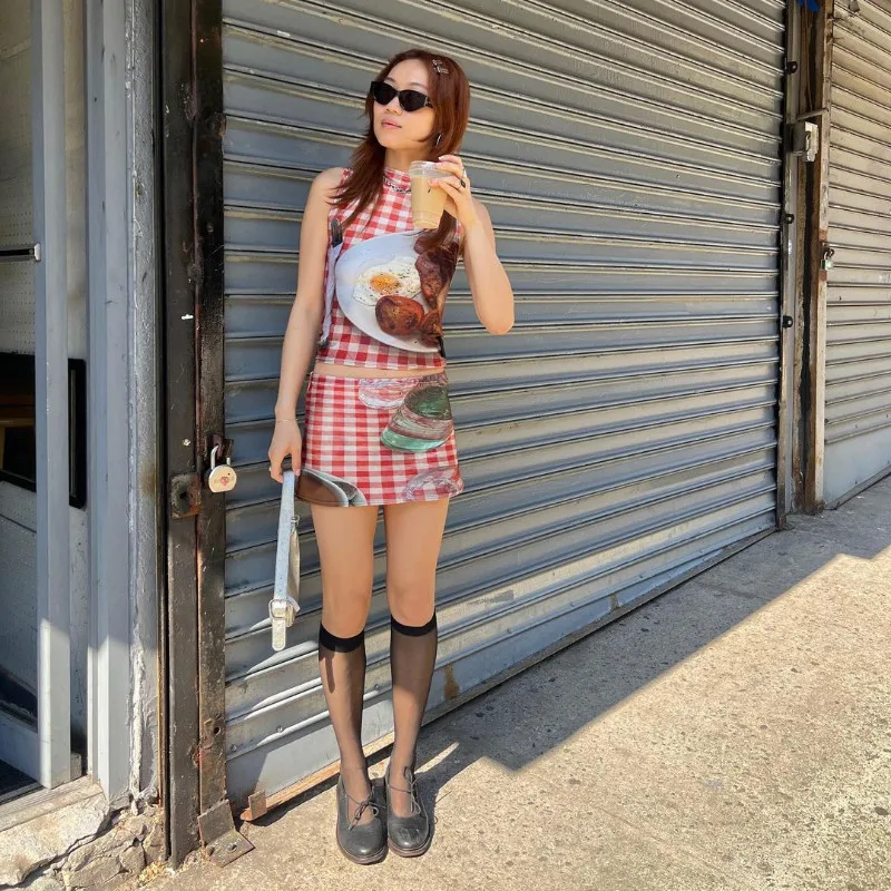 Y2k women's tank top short skirt two-piece set with cute plaid pattern printed clothes, sexy and spicy girl vintage 90s style