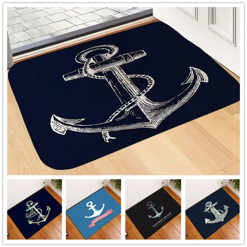 1Pc White Anchor & Navy Blue Nautical Washable Door Mat Non Slip Entrance Floor Carpet Easy To Clean Hallway Bath Kitchen Rug