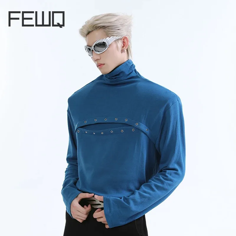 FEWQ Niche Deconstruction Metal Decoration High Collar Long Sleeved Street 2024 Solid Color Male Tops Korea Fashoin 24E2237