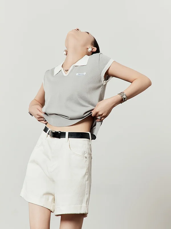 

Light ey Knitted Set Women's Summer 2025 ort Sve Contrast Color White orts Two-Piece Set Faionable Casual Wear