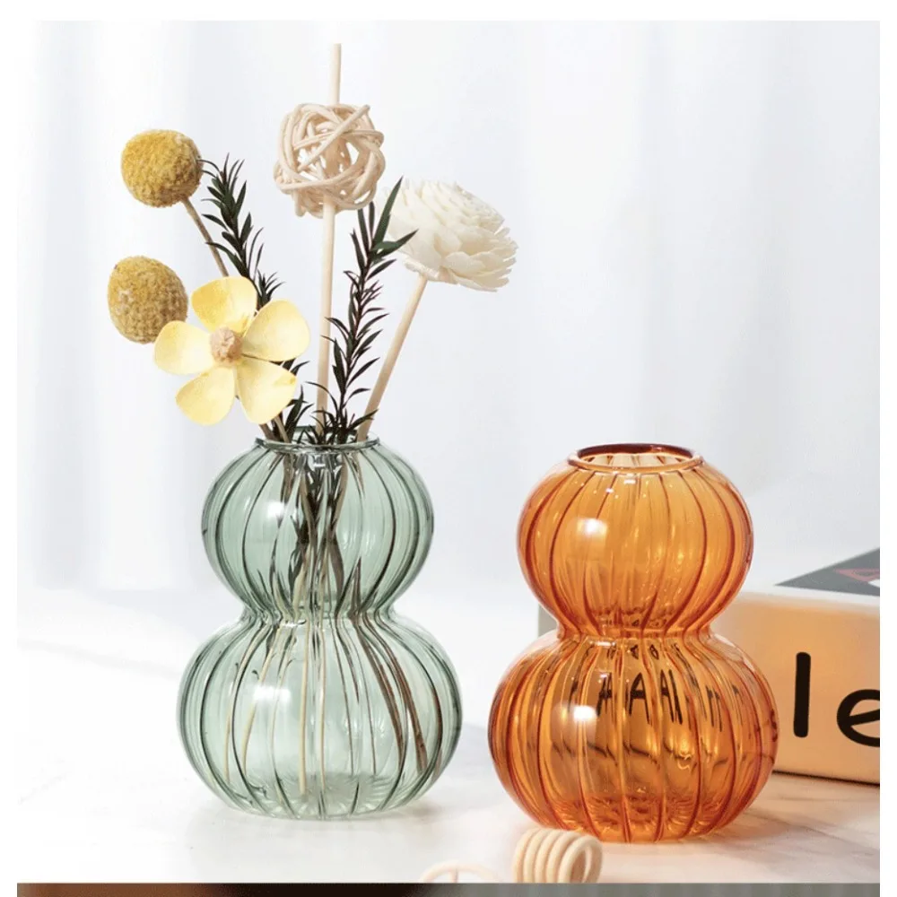 Gourd Shaped Vertical Striped Glass Vase Minimalist Hydroponic Flower Container Home Desktop Living Room Decor Ornament