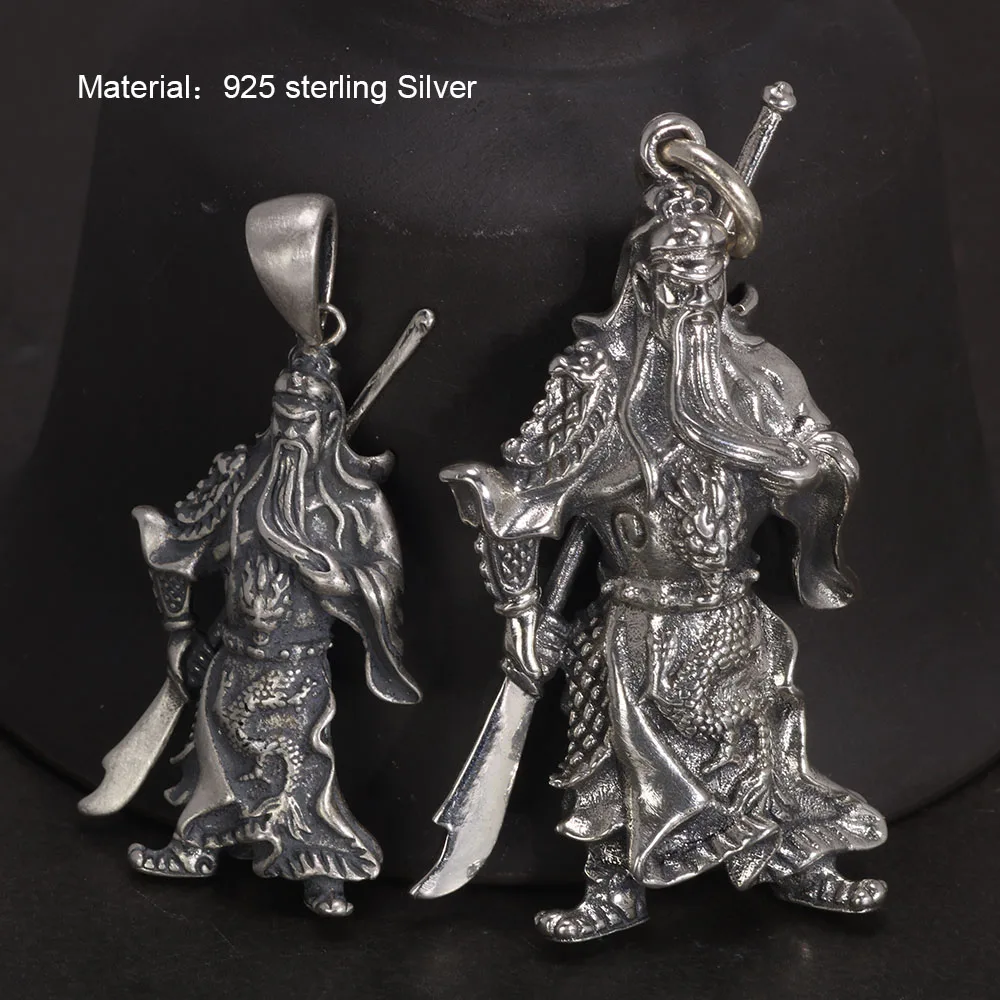 925 Sterling Silver Solid 3D Guan Yu Pendant Antique Retro Type God of Wealth Lucky Evil Religious Pendant Gift Jewelry