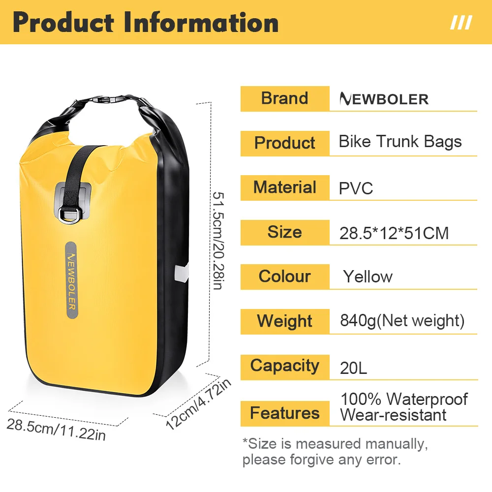 NEWBOLER 10L 20L Waterproof Cycling Bicycle Front Fork Bag Quick Release Bike Rear Seat Trunk Bag Bike Bag Bicycle Accessories