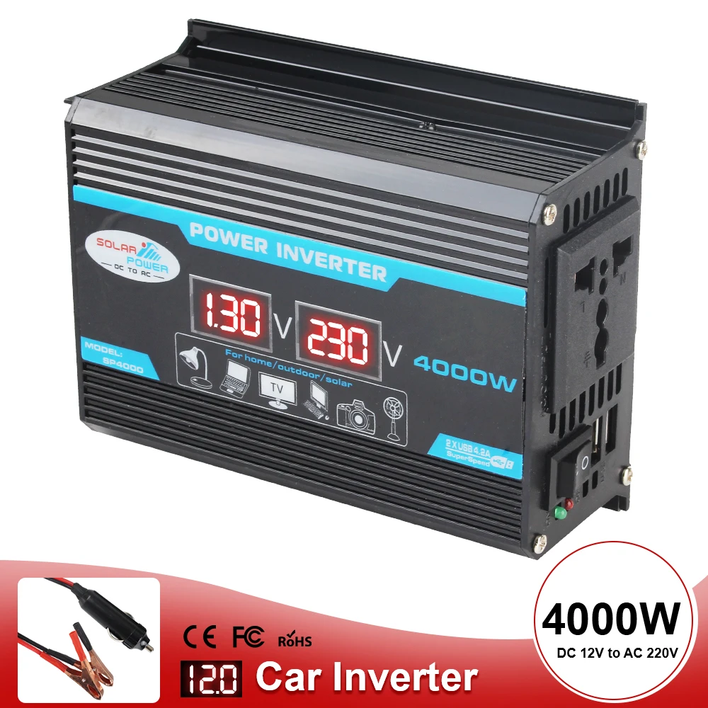 4000W Car Inverter Solar Charger Adapter Multiple Protection Car Power Inverter 12V 220V Converter Dual USB Voltage Transformer