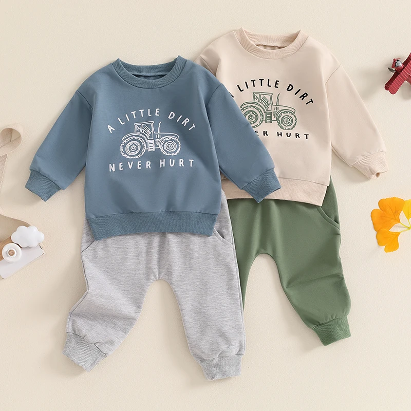 2024-05-27 Lioraitiin Baby Boy Fall Outfits Long Sleeve Tractor Letter Print Tops + Pants Set Toddler Winter Warm Clothes