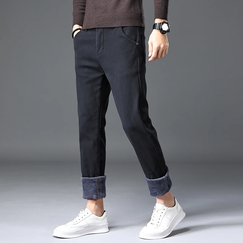 Winter 2025 New Men's Fleece Casual Pants Thick Fashion Straight Slim Warm Casual Business Office Brand Fashion Men Trousers