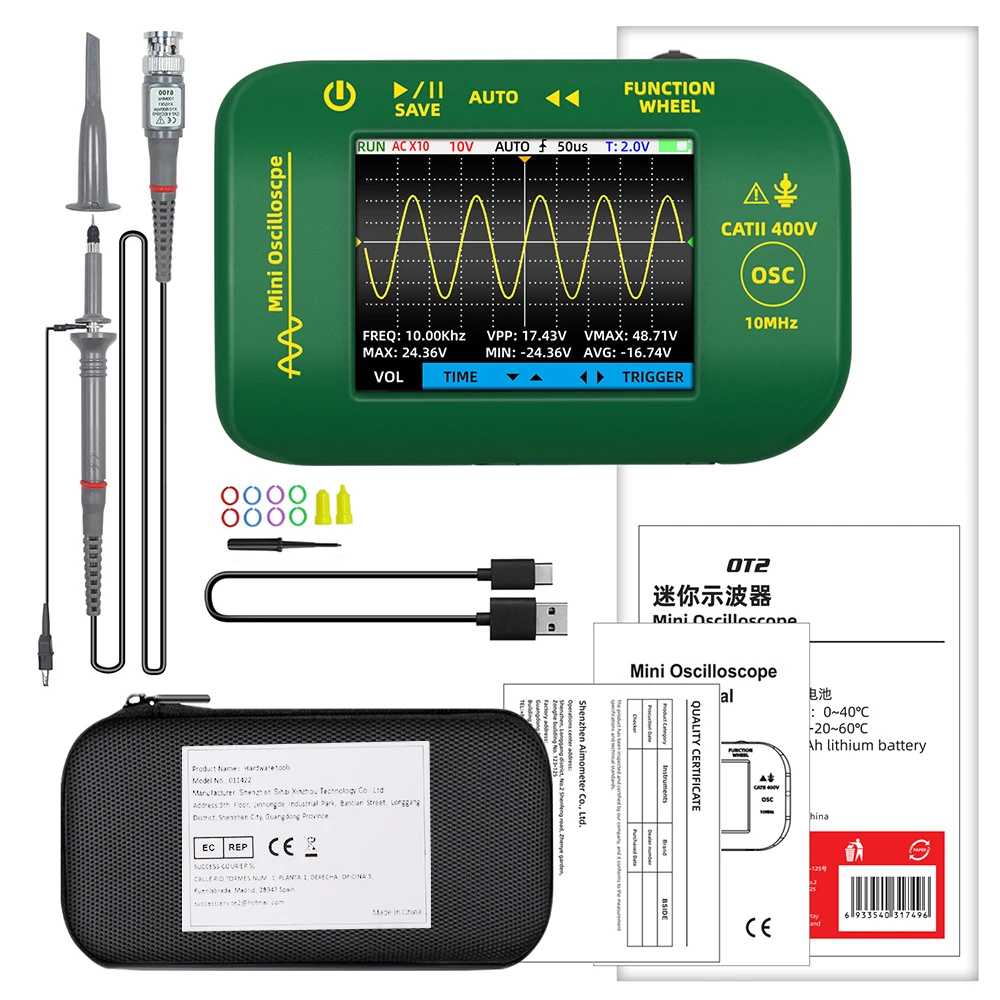 BSIDE OT2 Mini Digital Oscilloscope Handheld 48MS/s Sampling Rate 10MHZ Multimeter  LCD Screen Display Oscilloscope